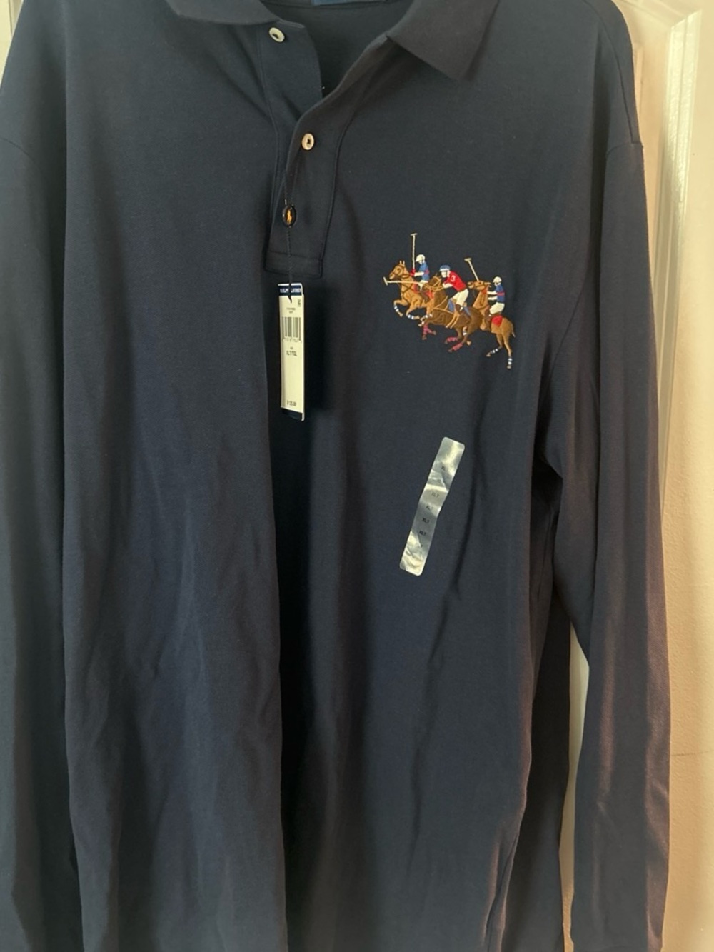 Men's Navy Long-Sleeve Polo Shirt with Polo Player Embroidery